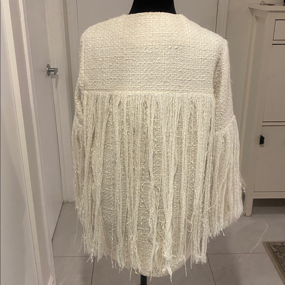 ZARA Ecru Cream Fringe Open Cardigan Tweed Textured Structured Jacket Sze Small - Picture 5 of 17